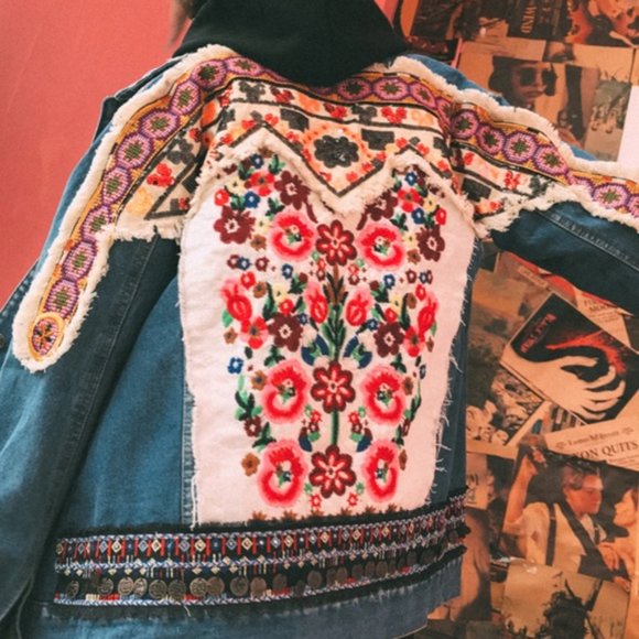 Boho Denim Blue Floral Embroidered Jean Jacket - Picture 9 of 11